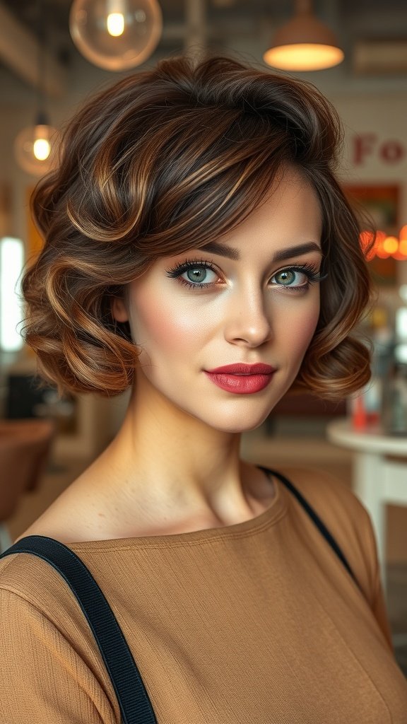 A woman with a vintage finger wave perm hairstyle, showcasing soft waves and rich hair tones.