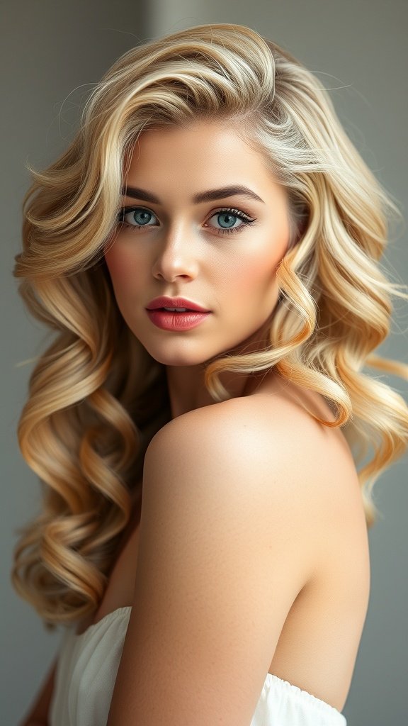 A woman with voluminous golden blonde curls styled with a side part.