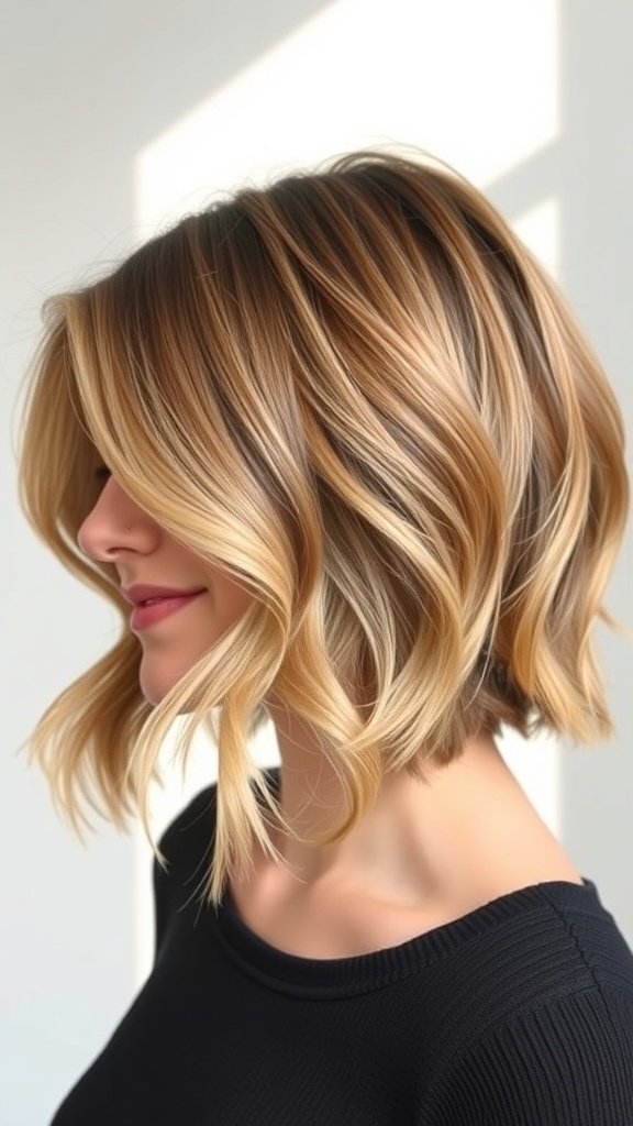 A woman with a wavy-angled bob hairstyle featuring subtle layers and a warm blonde color.