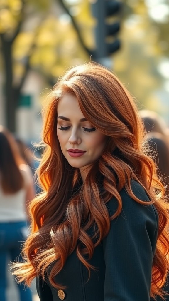 A woman with wavy auburn hair styled elegantly, showcasing soft curls and a vibrant color.