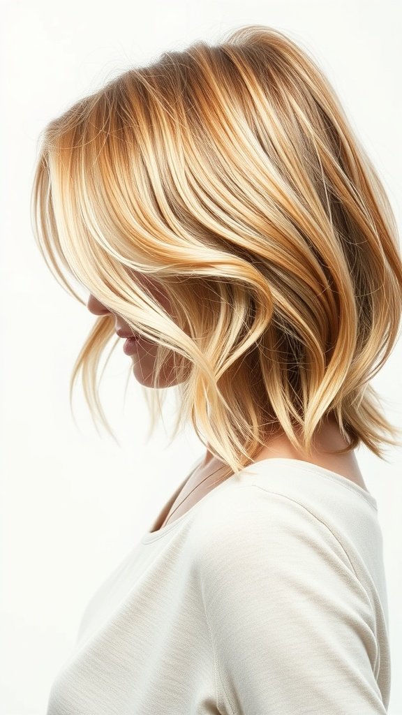 A woman with a wispy lob hairstyle featuring light layering, showcasing soft waves and a natural look.