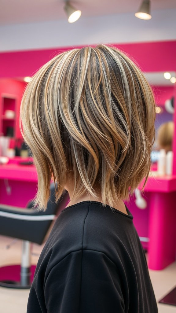 A-Line Bubble Bob hairstyle with subtle highlights, showcasing a stylish cut and vibrant colors.