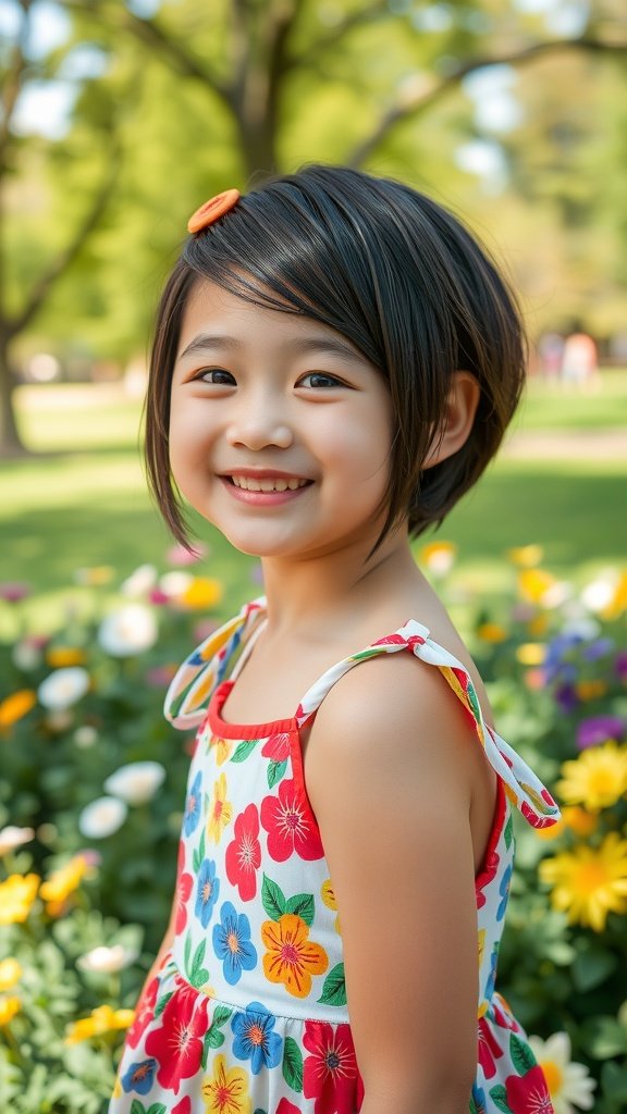 A young girl with an angular bob hairstyle, smiling in a colorful floral dress surrounded by flowers.