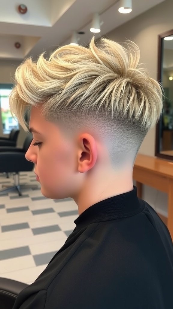 A stylish ash blonde undercut with a textured top, showcasing a modern hairstyle.