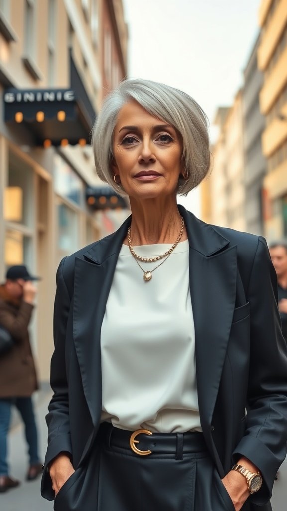 An older woman with an asymmetrical short bob hairstyle, dressed in a stylish outfit, standing confidently on a city street.