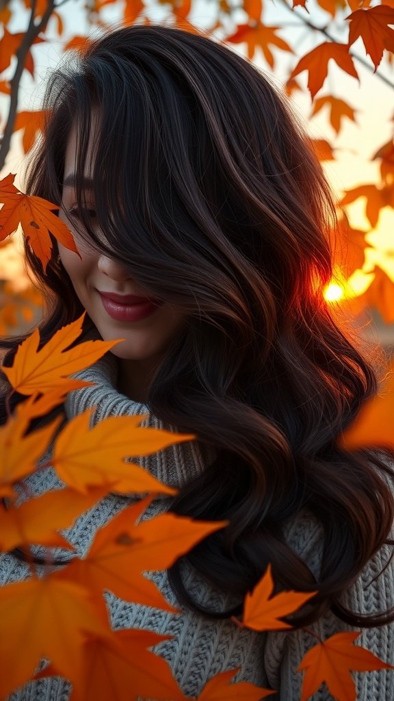 A woman with long, glossy blackberry hair, surrounded by vibrant orange autumn leaves at sunset.