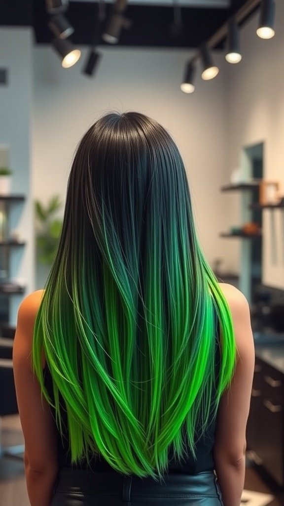 A woman with long hair styled in a black to neon green ombre, showcasing a vibrant color transition.