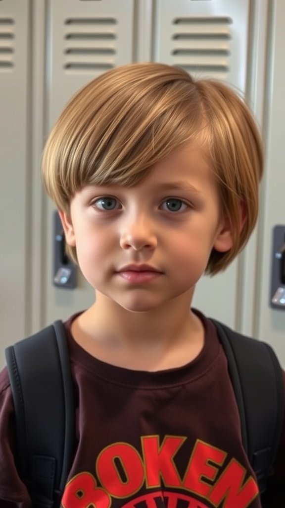 A young boy with a blunt-cut bob hairstyle standing in front of school lockers.