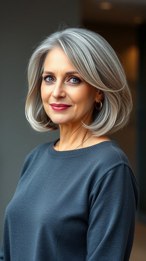 A woman with a blunt lob hairstyle featuring subtle waves, showcasing elegant gray hair.