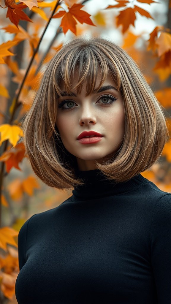 A model with a bob cut and layered curtain bangs, surrounded by autumn leaves.