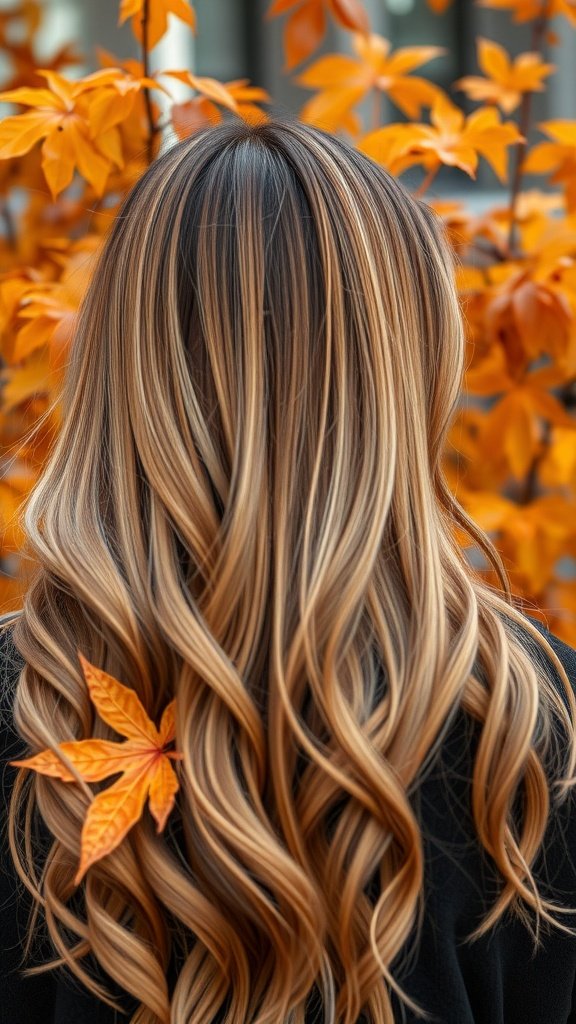 A woman with long, wavy hair featuring butterscotch burst balayage, standing in front of autumn leaves.