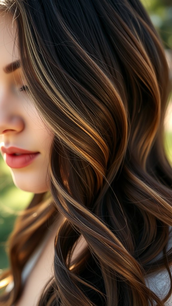 A close-up of a woman with ash brown hair featuring caramel highlights styled in soft waves.