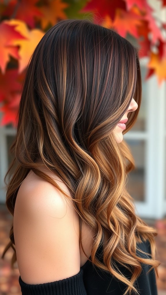 A side view of a woman with a caramelized burgundy bob hairstyle, featuring soft waves and warm highlights, set against a backdrop of autumn leaves.