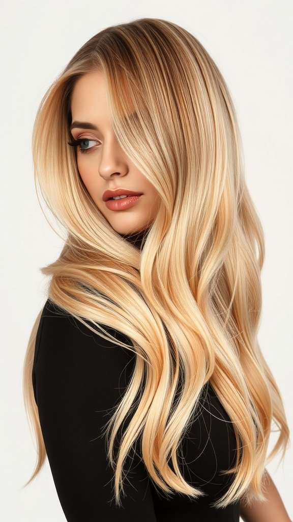 A woman with champagne blonde hair featuring peach lowlights, styled in soft waves.