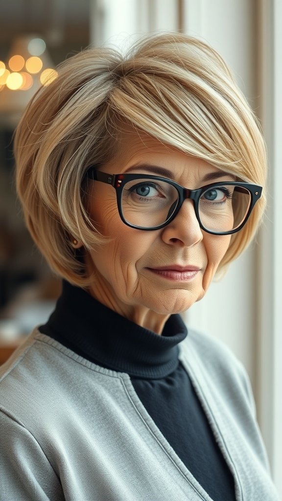 A woman over 70 with a chic asymmetrical short bob hairstyle, wearing glasses.
