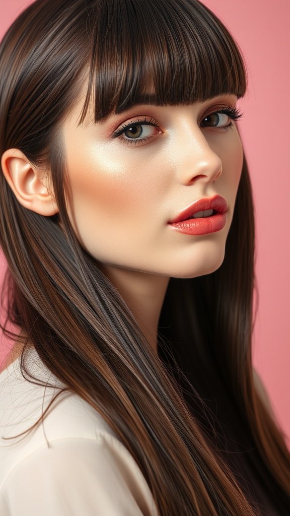 A woman with chocolate brown hair and blunt bangs, showcasing a stylish and modern hairstyle.
