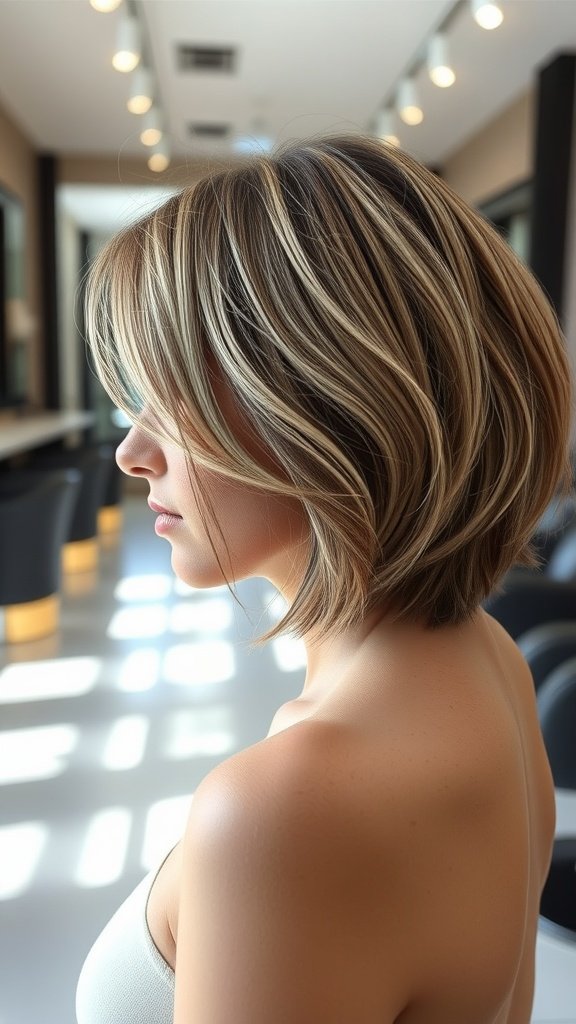 A woman with a choppy bob hairstyle and a deep side part, showcasing layers and highlights.