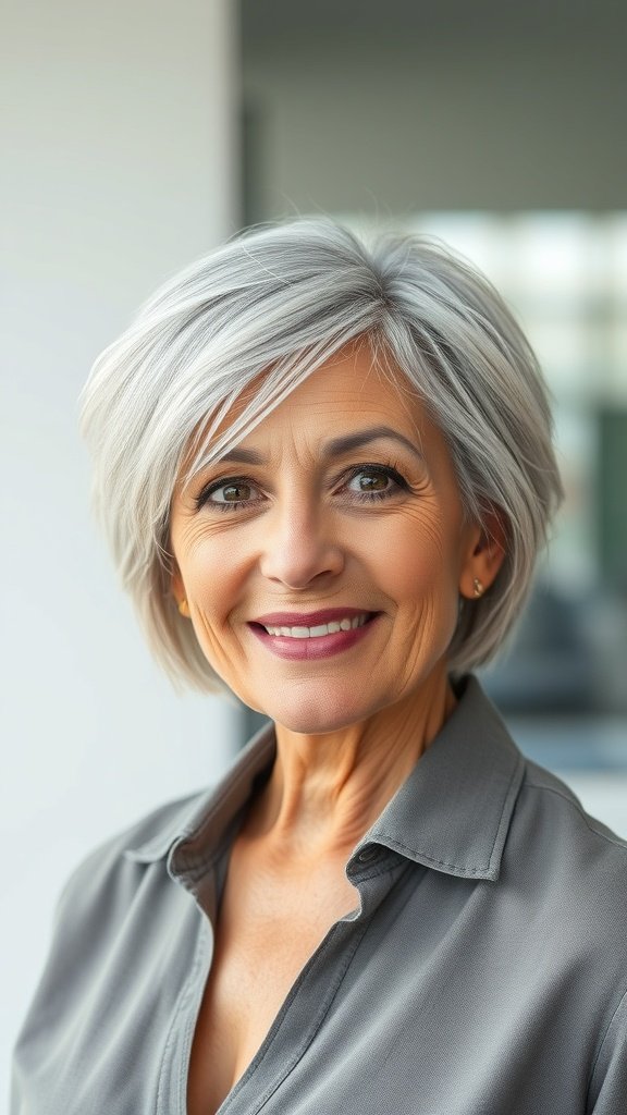 A woman with a choppy bob hairstyle, featuring an undercut, smiling confidently.