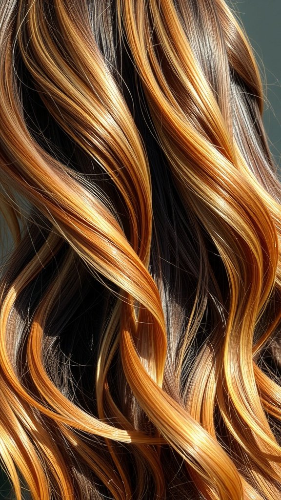 Thick hair with chunky caramel highlights styled in loose waves