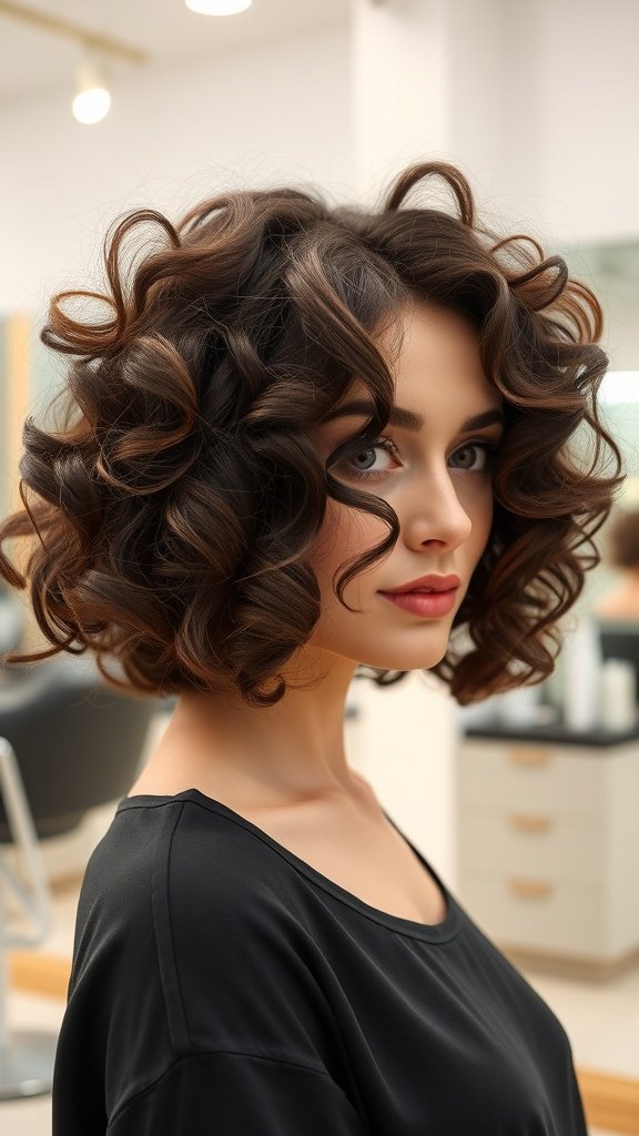 A woman with a chunky curly bob hairstyle, featuring voluminous curls and a middle part, showcasing a stylish and playful look.