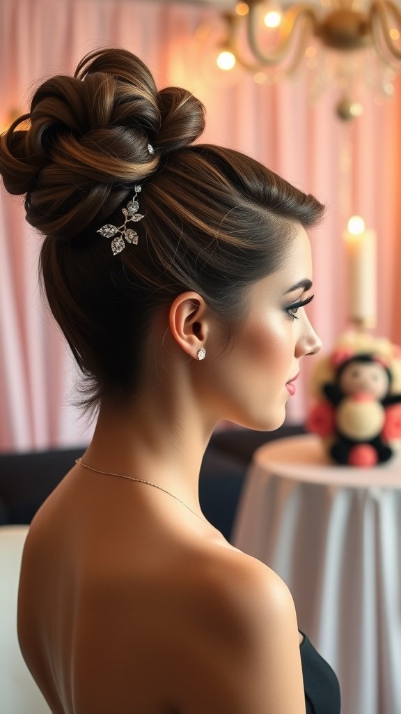 A woman with a classic beehive updo hairstyle, adorned with hair accessories, showcasing elegance.