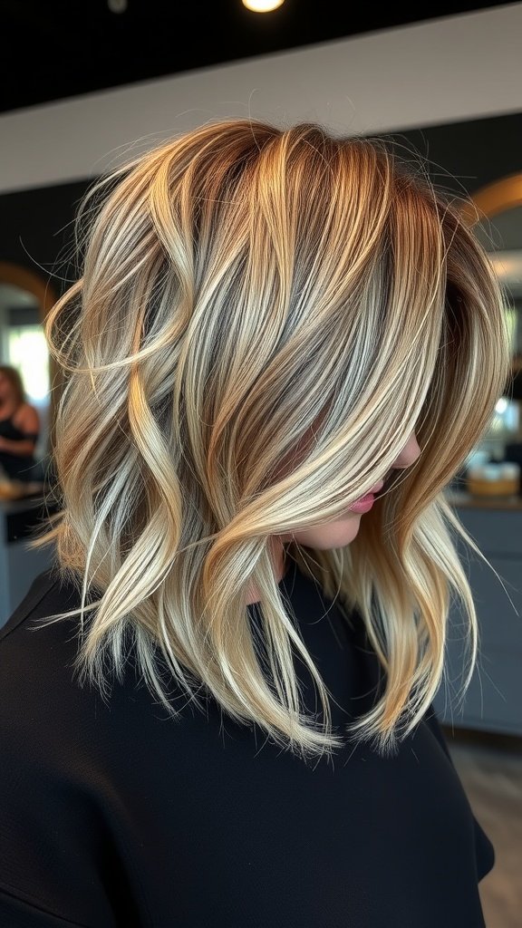 A stylish concave bob hairstyle with wispy strands and blonde highlights.
