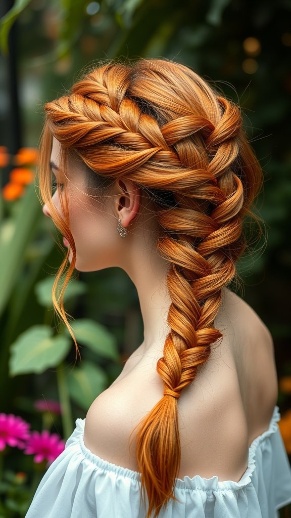 A woman with a copper halo braid hairstyle, showcasing vibrant copper hair color.