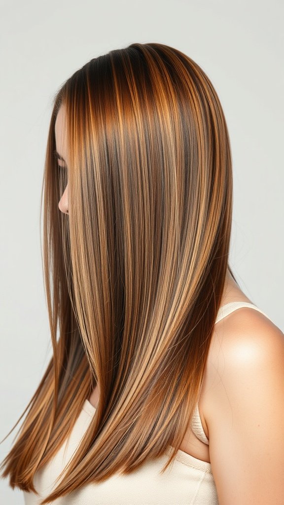 Straight hair with copper highlights blending beautifully with light brown base.