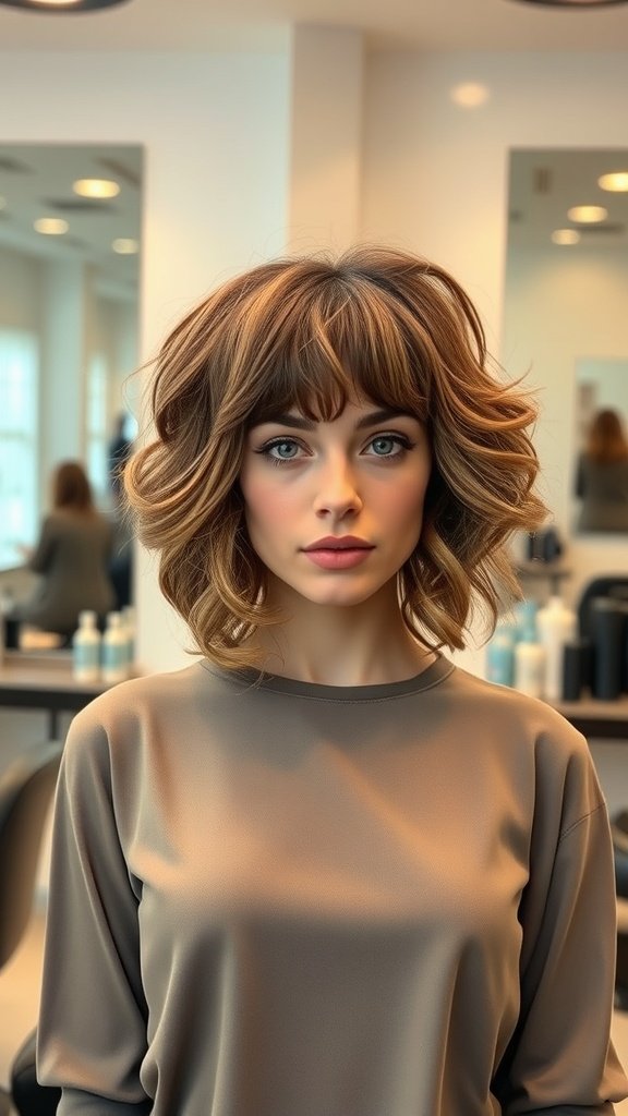 A woman with a shag haircut featuring curtain bangs, showcasing volume and texture.