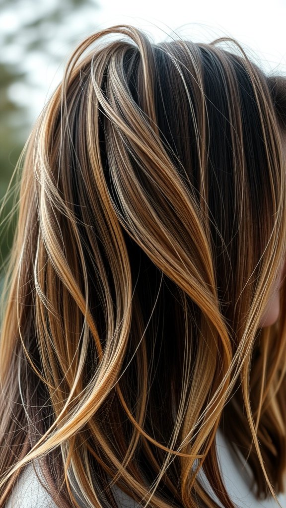 Dark brown hair with wheat blonde highlights styled in soft waves