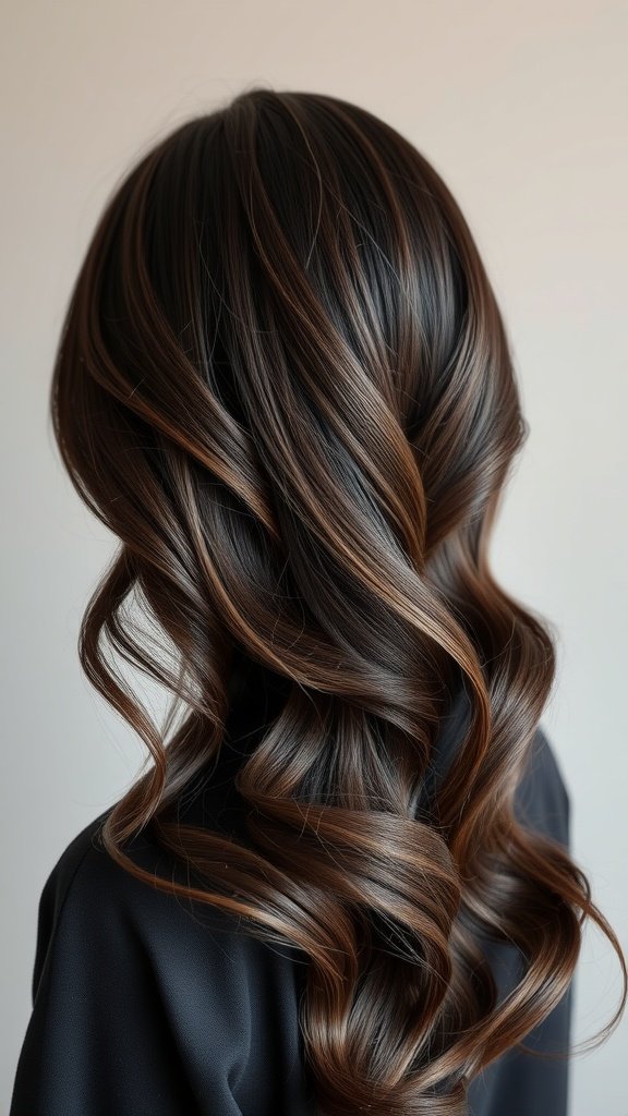 Dark brown hair with cool ash highlights styled in soft waves.