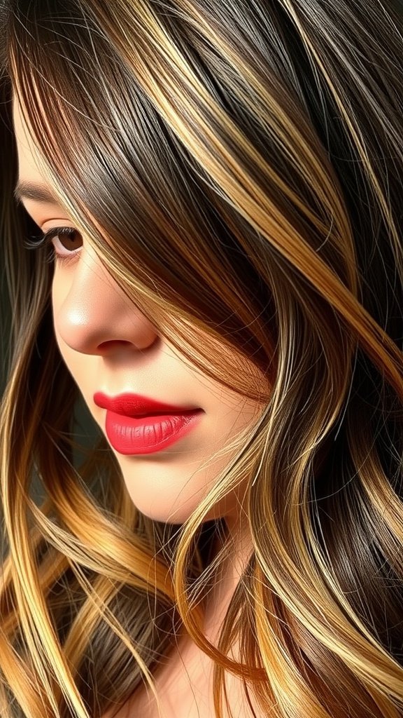 A woman with dark walnut hair featuring sun-kissed blonde highlights, styled in soft waves.