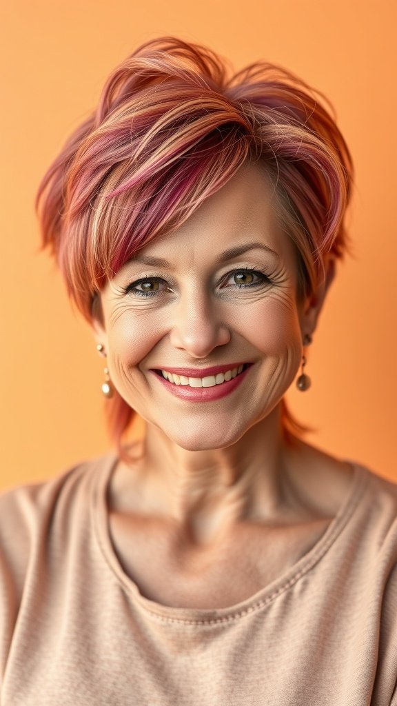 A woman with a disconnected pixie hairstyle featuring razored layers and vibrant highlights, smiling against an orange background.