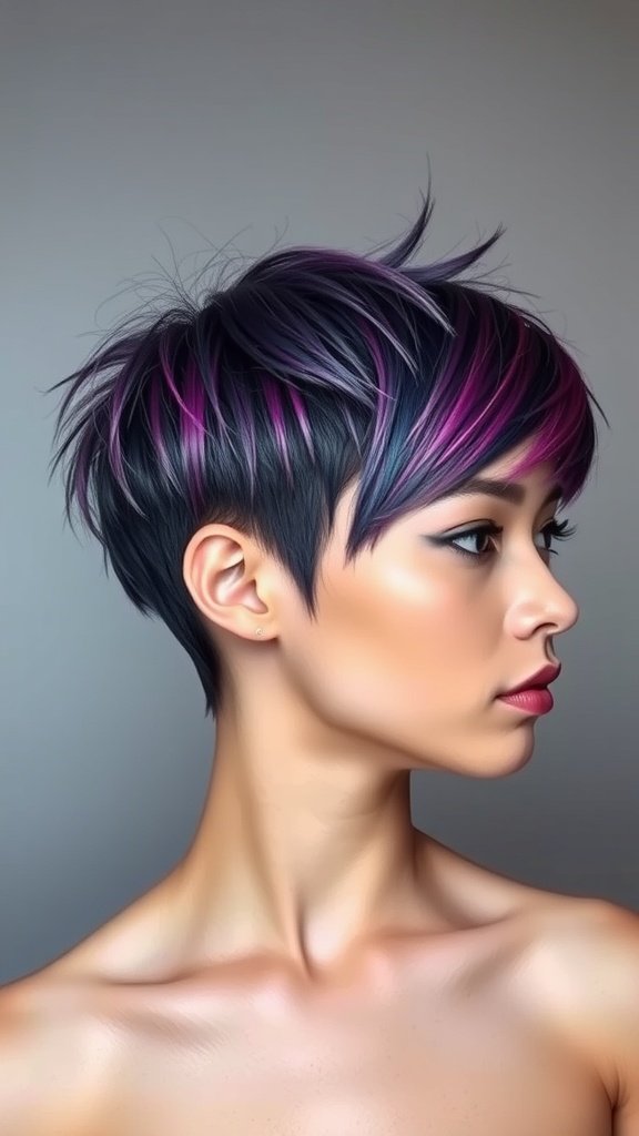 A woman with an edgy shag hairstyle featuring sharp layers and vibrant colors.