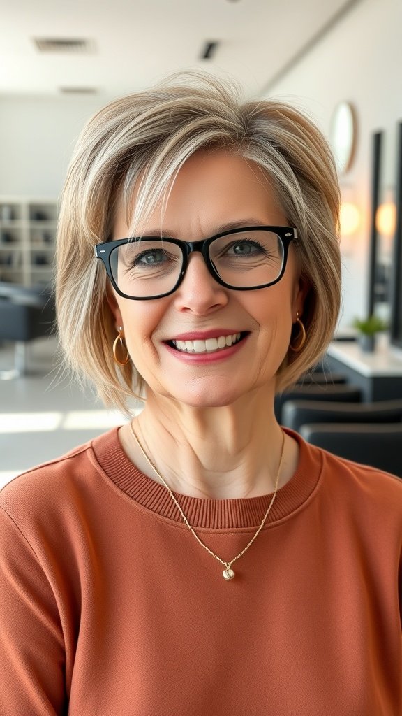 A woman over 50 with a face-framing layered haircut, wearing glasses and a warm smile.
