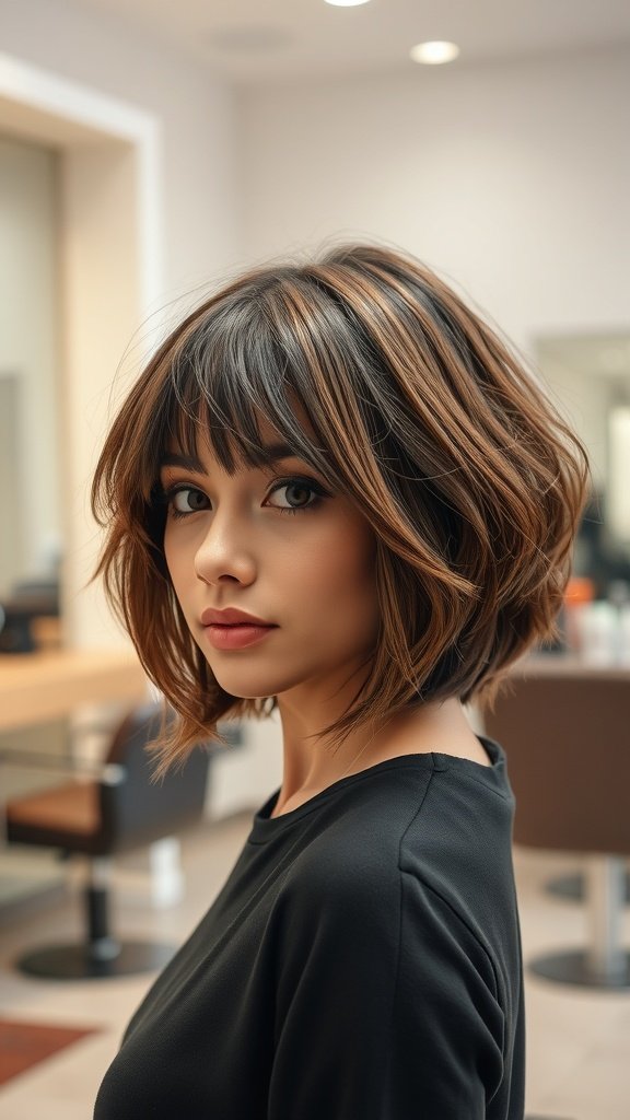 A woman with a feathered jaw-length bob hairstyle, featuring soft waves and layers, standing in a salon.