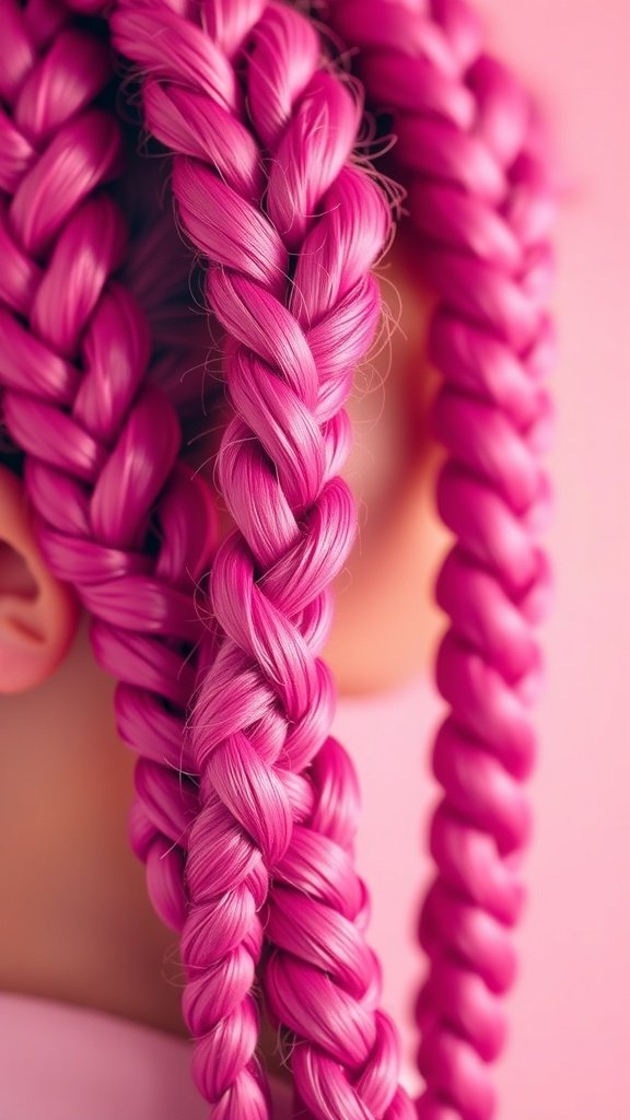 Close-up of flamingo pink braids styled in a vibrant and playful manner.