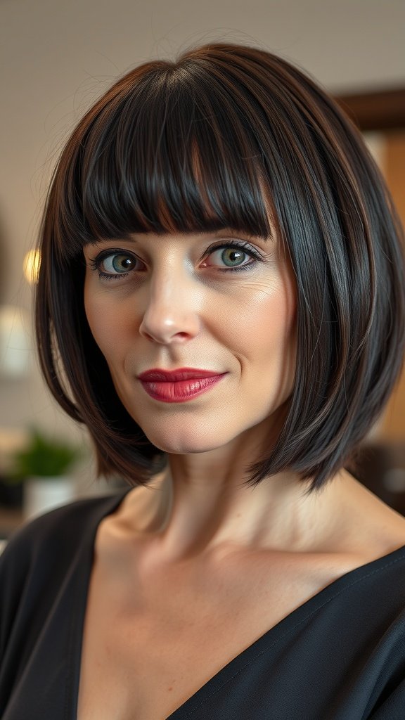 A woman with a French bob and micro bangs, showcasing a stylish and youthful look.