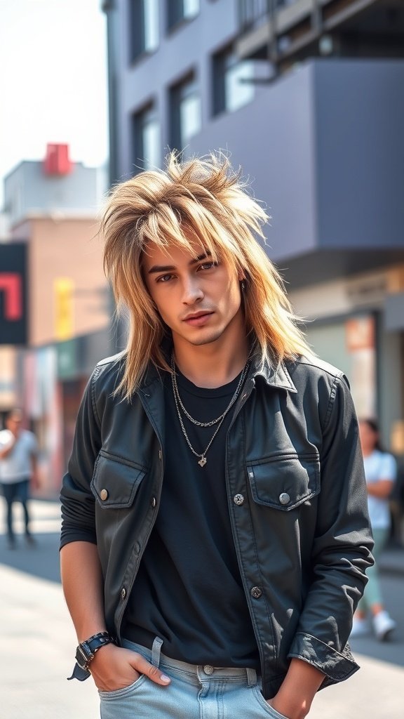 A person with a shaggy mullet hairstyle featuring frosted tips, wearing a black jacket and standing casually.