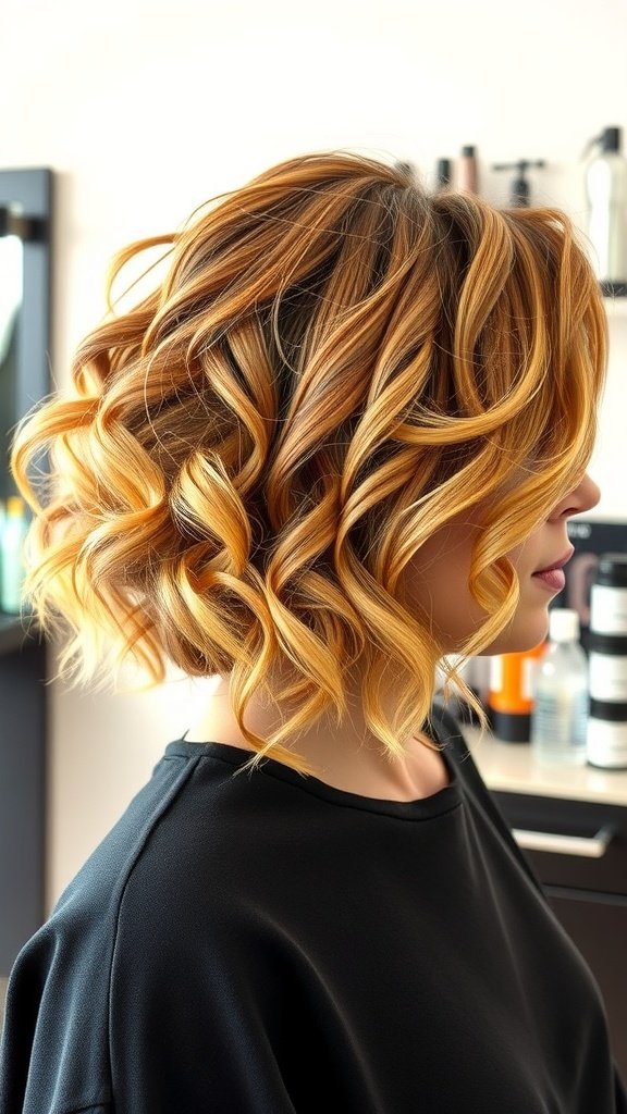 Curly box bob hairstyle with honey blonde tips
