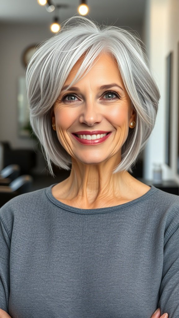 A woman with an icy-silver layered cut and feathered ends, smiling confidently.
