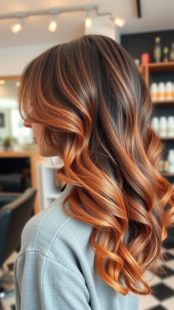 A woman with a layered A-line haircut featuring defined curls and a warm color blend.