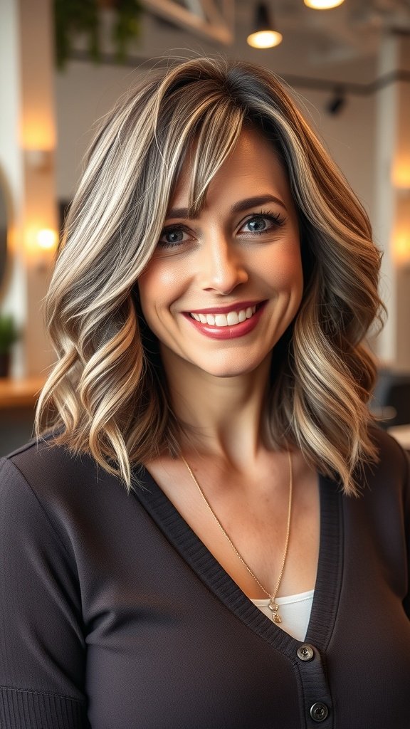 A woman with a layered bob hairstyle featuring textured waves, smiling in a cozy indoor setting.