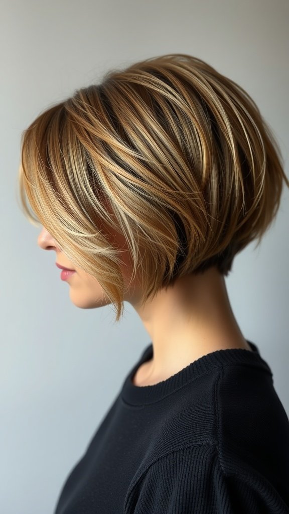 A stylish layered bob haircut with a crown effect and undercut, showcasing soft highlights.