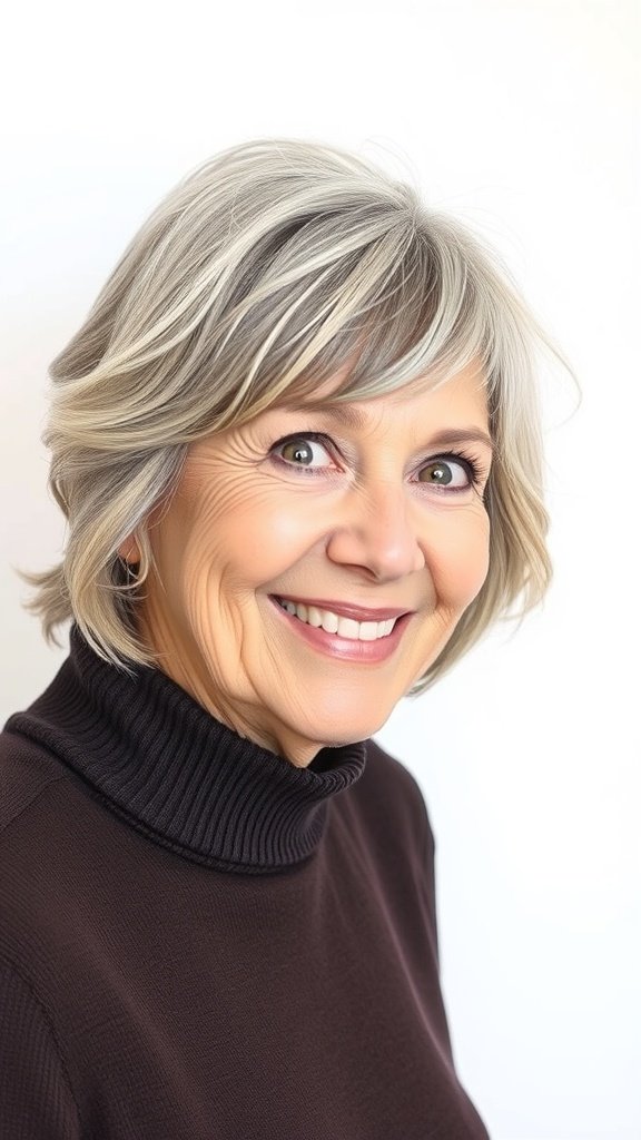 A smiling older woman with a layered pixie haircut and long bangs, wearing a dark turtleneck.