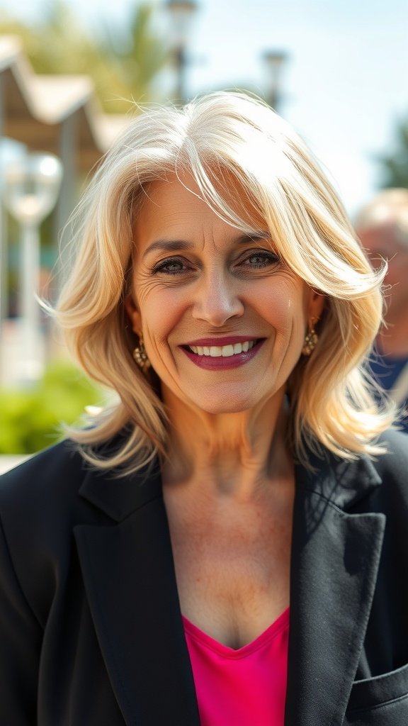 A woman with long layered hair and flowy side bangs, smiling confidently.