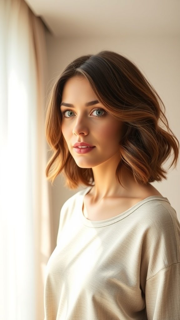 A woman with shoulder-length loose S-shaped curls, looking stylish and elegant.