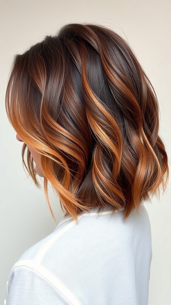 A stylish mahogany to auburn balayage bob hairstyle with soft waves.