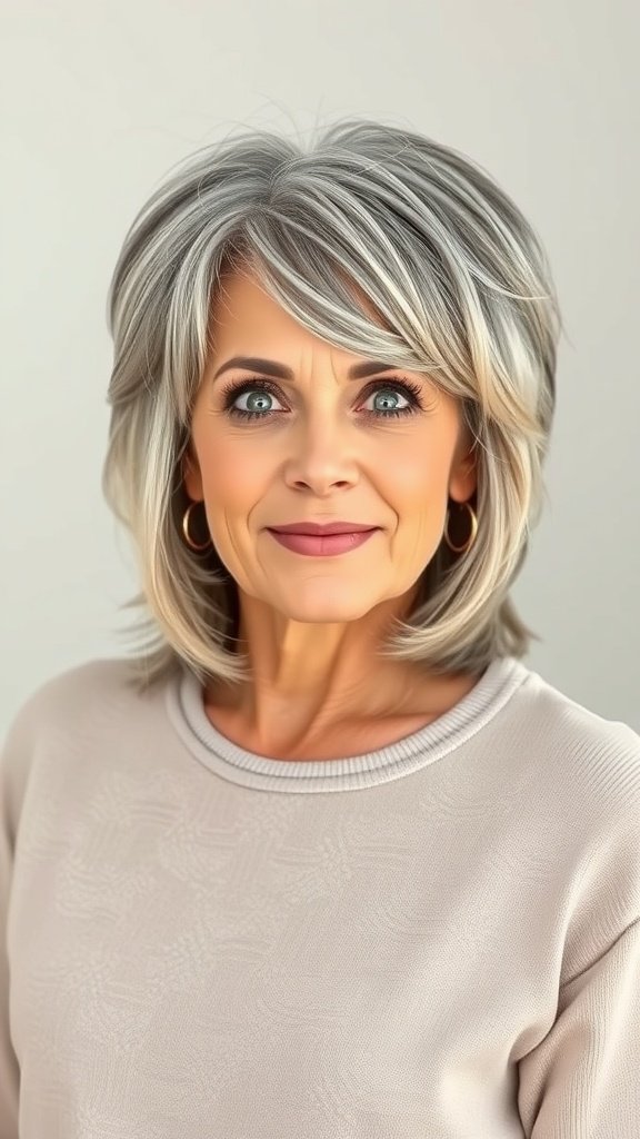 A mature woman with a medium-length salt and pepper shag haircut, smiling confidently.