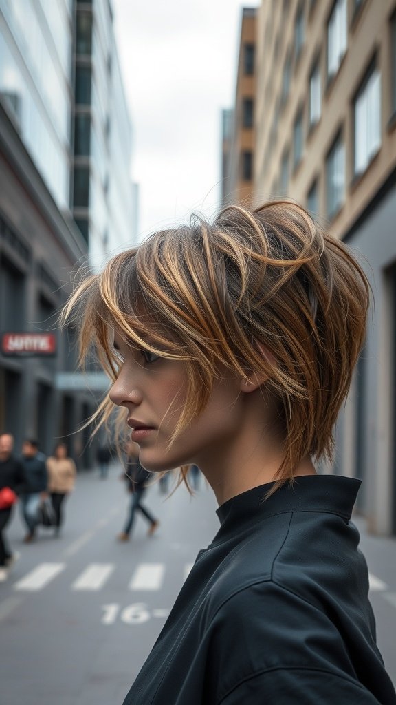 A woman with a messy layered crop cut, showcasing a stylish and casual hairstyle.